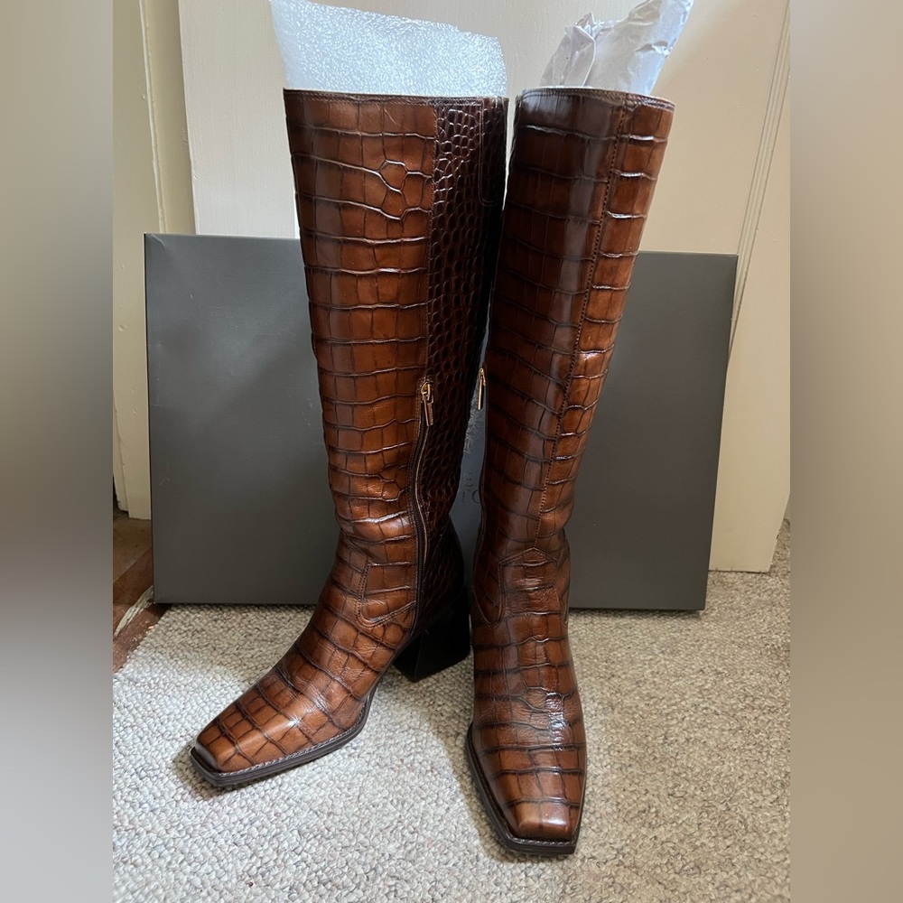 Vince Camuto Sangeti Brown Crocodile-Embossed Knee-High Boots, size 8